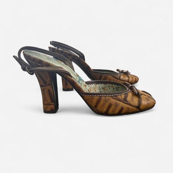 Miu Miu vintage peep toe croc embossed tan brown sling back heels 7.5 - Picture 6 of 8